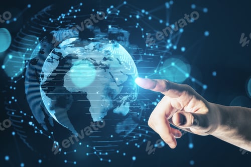 Preview: Close Up Of Man Hand Pointing At Abstract Glowing Planet Hologram On Blurry Blue Background With