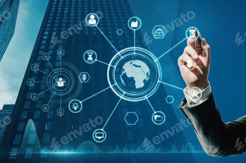 Preview: Close Up Of Man Hand Pointing At Abstract Glowing Business Data And Earth Hologram On Blurry Blue