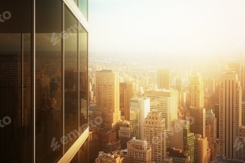 Preview: Cityscape Reflected In The Glass Of An Office Building At Sunset
