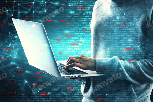 Preview: Young Hacker Using Laptop With Digital Binary Code Interface. Hacking And Criminal Concept. Double