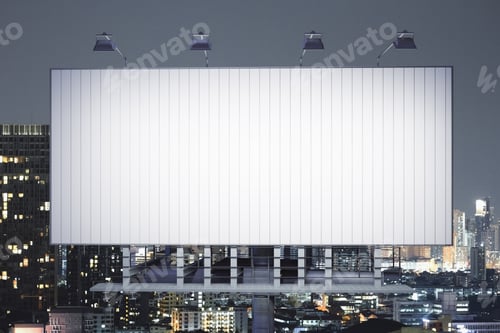 Preview: Front View Of Empty Poster On Illuminated Night City Background. Ad Concept. 3D Rendering