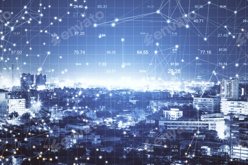 Preview: Point Charts Hologram On Modern Skyscraper Background. Business Trading Concept. Double Exposure