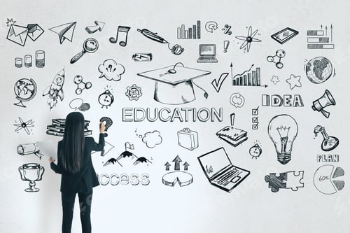 Preview: Success And Management Concept. Back View Of Young Businesswoman Drawing Business Sketch On White