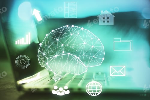 Preview: Toned Image Of Laptop With Polygonal Brain Hologram. Artificial Intelligence Concept. Double