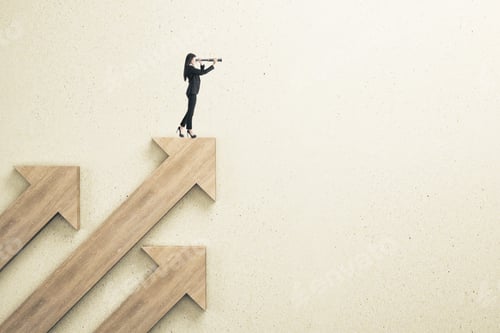 Preview: Young Businesswoman Standing On Blue Arrow And Using Telescope On Wooden Wall Background. Business
