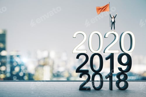 Preview: Businesswoman With Flag Standing On 2020 New Year Text On City Background. Success And Startup