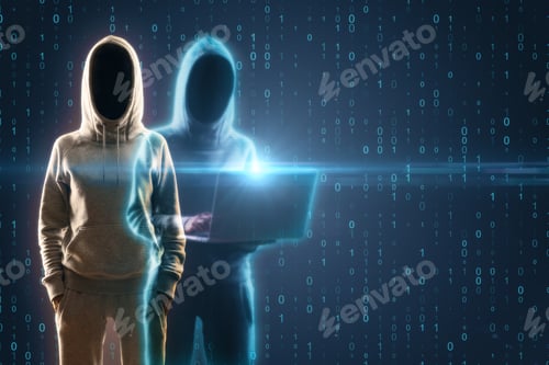 Preview: Two Hacker With Laptop And Glowing Interface On Dark Background. Finance And Malware Concept