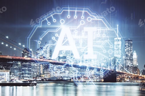 Preview: Creative Night City Background With Ai Brain Interface. Artificial Intelligence And Future Concept