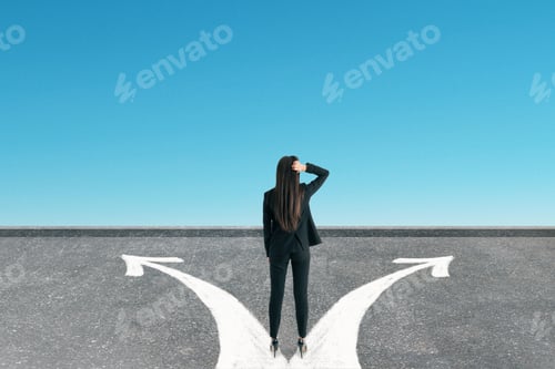 Preview: Back View Of Young Businesswoman Standing On Road With Arrows. Sky Background. Different Direction