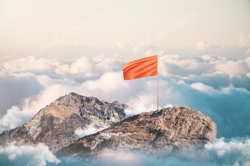 Preview: Leadership And Success Concept With Blank Red Flag On Mountain Top. Mock Up
