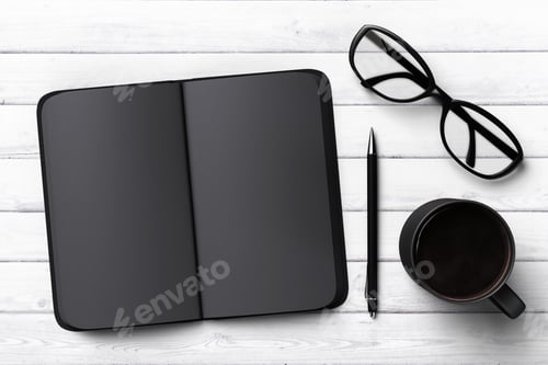 Preview: Black Diary, Cup Of Coffee And Glasses, Mock Up