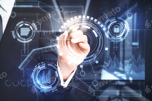 Preview: Businessman Hand Pointing At Abstract Digital Business Interface On Blurry Baclground. Future And