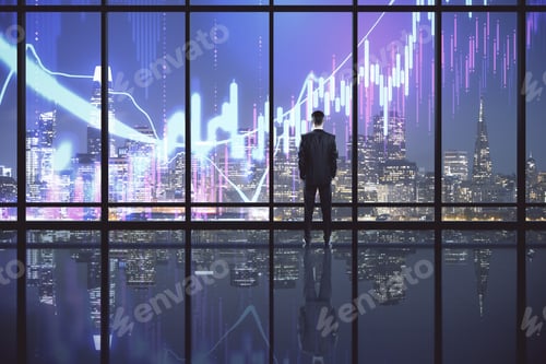 Preview: Thoughtful Businessman Standing In Office Interior With Glowing Forex Charts. Trade And Finance