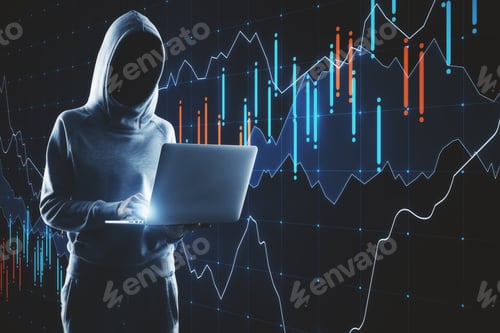 Preview: Hacker In Hoodie Using Laptop With Glowing Forex Chart. Virus Attack And Finance Concept