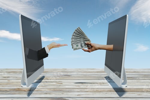Preview: Hands Giving Money From Laptop To Laptop. Online Transaction And Investment Concept.