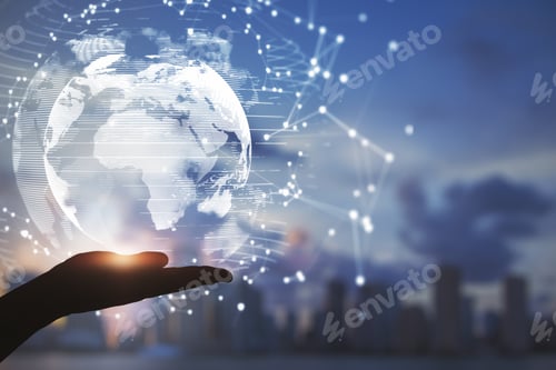Preview: Close Up Of Hands Holding Abstract Glowing Polygonal Globe On Blurry City Background. Network