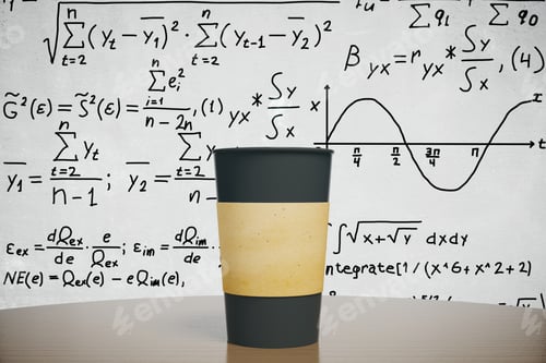 Preview: Black Cup Of Coffee On The Wooden Table With Equation Background, Mock Up