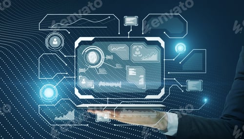 Preview: Businessman Hand Holding Tablet With Abstract Glowing Finger Print Security Interface On Dark