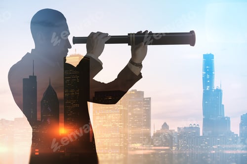 Preview: Business Development And Personal Growth Concept With Businessman Silhouette Looking Through A