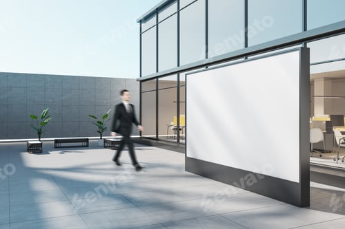 Preview: Side View On Outdoor Blank White Billboard On Grey Floor And Stylish Street Benches Near Modern