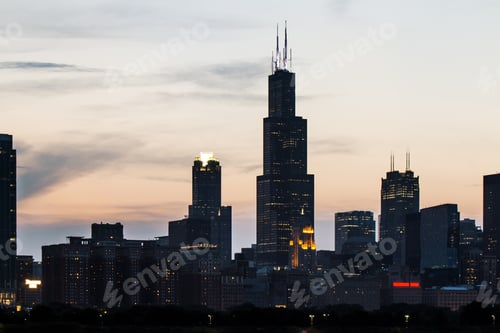 Preview: Beautiful Chicago Skyline At Night. Urban And Travel Concept
