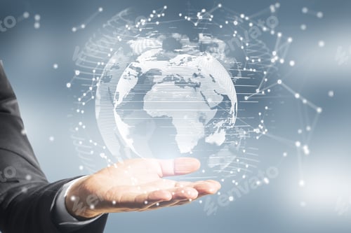 Preview: Close Up Of Hands Holding Abstract Glowing Polygonal Globe On Blurry Background. Network