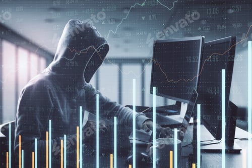 Preview: Hacker At Desktop Using Laptop Computer With Forex Chart On Blurry Office Interior Background