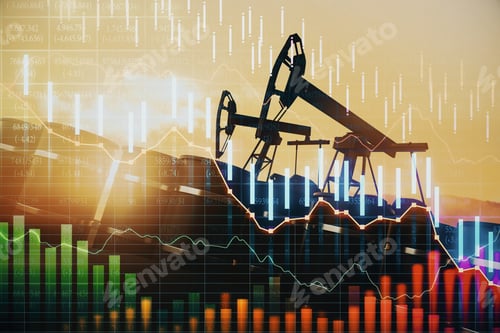 Preview: Downward Forex Chart On Oil Mining Background. Crisis And Market Concept. Double Exposure