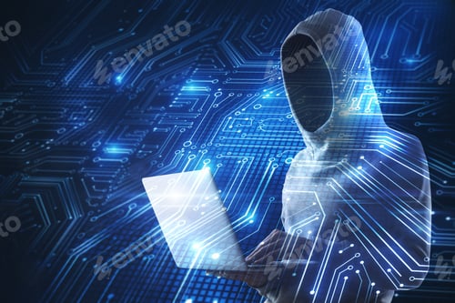 Preview: Double Exposure With No Face Hacker And Abstract Blue Board Circuit Background