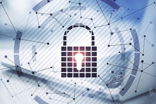Preview: Black Keylock Hologram On A Bright Background With A Laptop Closeup, Data Safety And Security