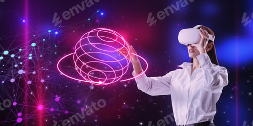Preview: Attractive Young European Female With Vr Glasses And Abstract Metaverse Sphere On Blurry