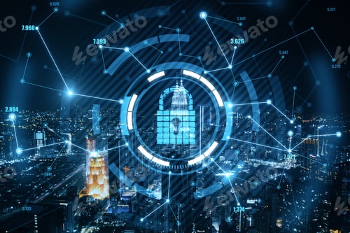 Preview: Blue Keylock Hologram On A Background With Dark Night City View, Data Safety And Security Concept