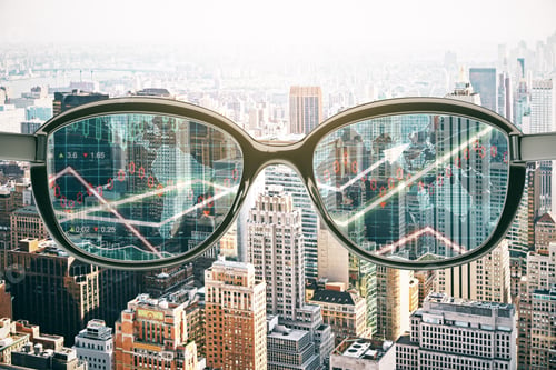 Preview: Close Up Of Abstract Glasses With Forex Chart On City Background. Fund Management Concept. 3D