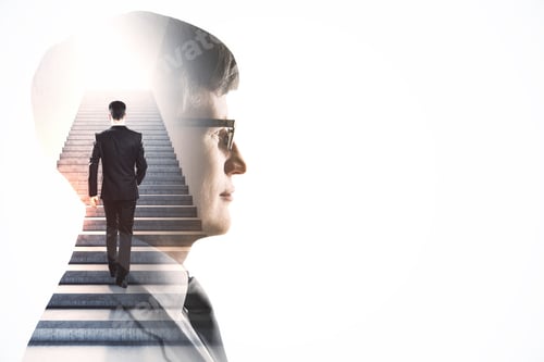 Preview: Creative Image Of Attractive European Male Walking On Abstract Stairs On White Background With Mock