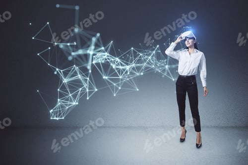 Preview: Attractive Young European Businesswoman With Vr Glasses Using Abstract Polygonal Network Mesh