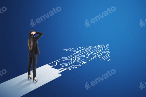 Preview: Businesswoman Standing On Abstract Circuit Arrow Sketch On Blue Background With Mock Up Place