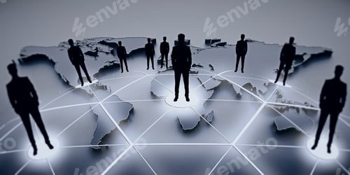 Preview: Abstract Dark Businessmen Silhouettes Standing On Connected Map. Grey Background. International