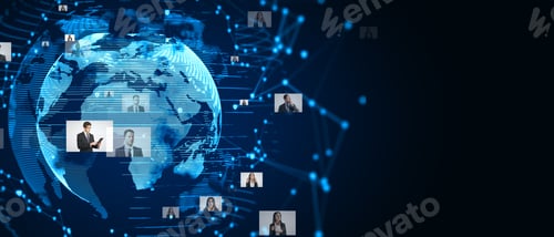 Preview: Abstract Glowing Globe Hologram With Photo Gallery On Blue Background With Mock Up Place