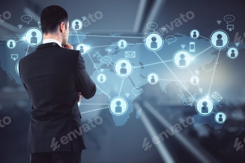 Preview: Working Social Network Concept With Thinking Businessman On World Map Background With Connections
