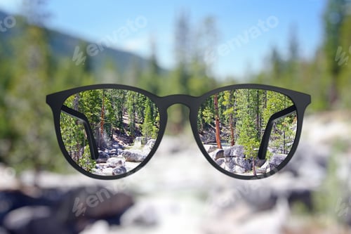 Preview: Creative Landscape View Though Eyeglasses. Blurry Background. Vision Concept