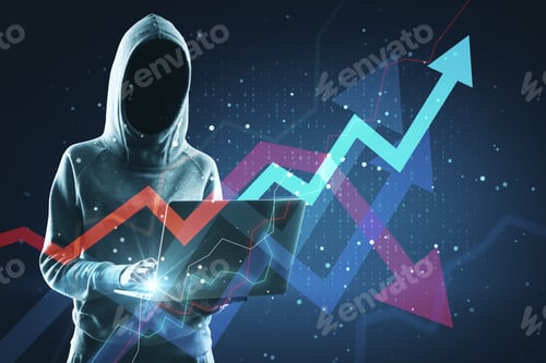 Preview: Hacker Using Laptop With Digital Arrows. Trade And Theft Concept. Double Exposure
