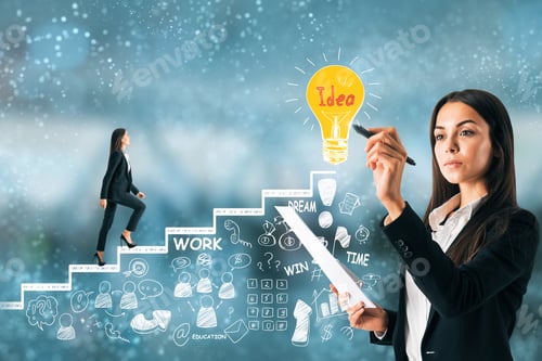 Preview: Young Businesswoman With Business Sketch On Blurry Background. Management And Innovation Concept