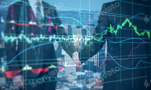 Preview: Businessmen With Glowing Blurry Forex Chart Shaking Hands On Blurry City Background. Teamwork And