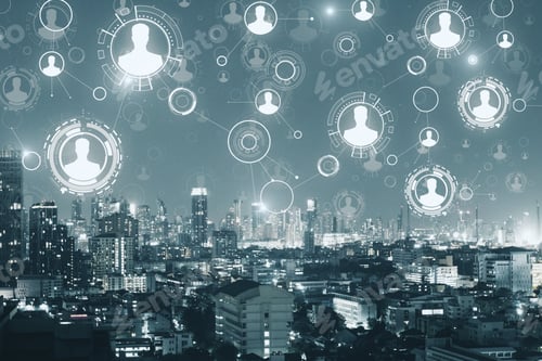Preview: Night City With Abstract Digital Business Interface. Future And Hr Concept. Double Exposure