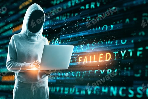 Preview: Hacker With Notebook Laptop Using Creative Hacking Background. Failed Attack Concept