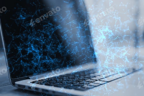 Preview: Close Up Of Laptop Computer With Blue Polygonal Mesh. Technology, Security And Web Hacking Concept