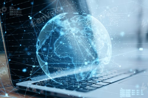 Preview: Close Up Of Laptop With Abstract Globe Sphere With Coding And Polygonal Network. Future, Technology