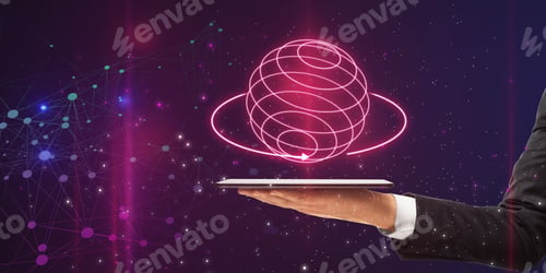 Preview: Close Up Of Businessman Hand Holding Tablet With Abstract Creative Metaverse Hologram On Blurry