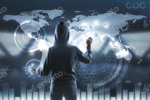 Preview: Back View Of A Hacker In Hoody Touching Digital Sensor Screne With Icons And Financial Chart.