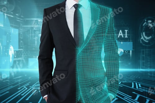 Preview: Abstract Unrecognizable Digital Grid Businessman Standing On Abstract Business Interface Interior